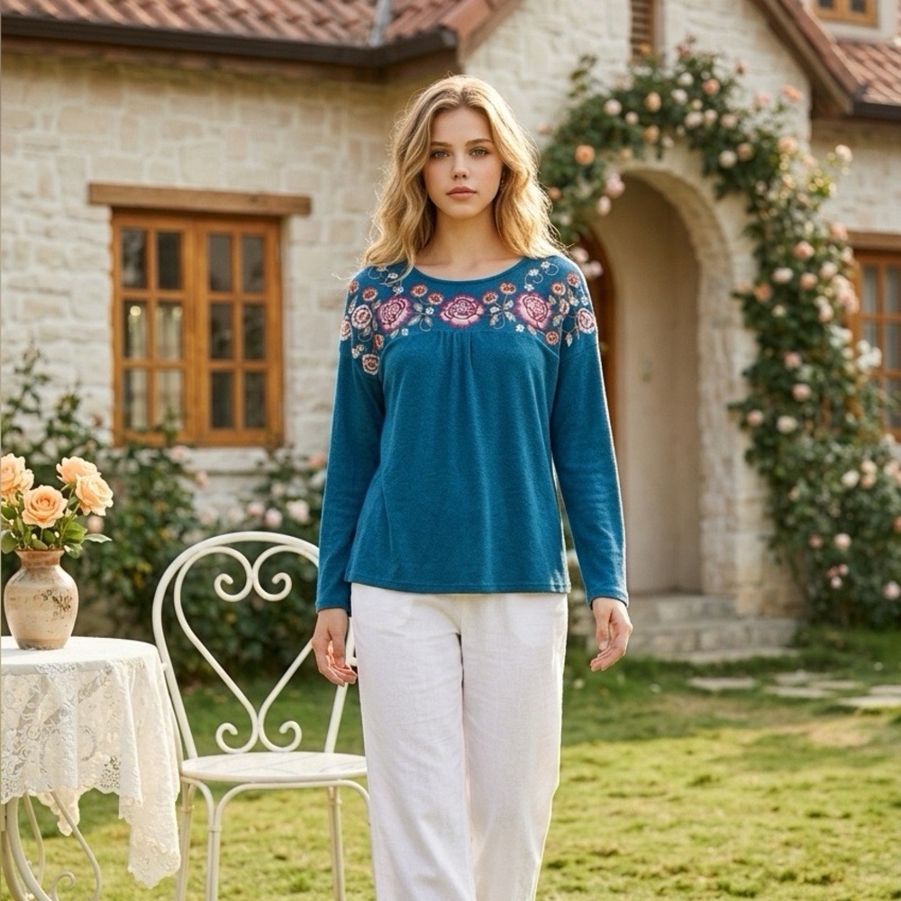Savanna Jane Blue Top with Floral Embroidery